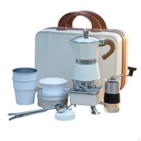 Camping Espresso Maker Set Lightweight Outdoor Stovetop Pot for Campers, White Travel Case 9PC