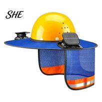 Quick-drying Helmet Cover Hat Neck Shield with Fan, Ventilation Visor Mesh Design, Full Brim Protection Sun Guard for Construction Outdoor Work Hiking A mėlyna