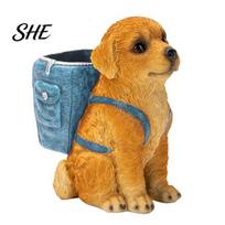 Decorative Makeup Brush Holder Golden Puppy Backpack Pen Holder, Cute Animal Stationery Storage Office Supplies Pencil Cup Ornament, Resin Desktop
