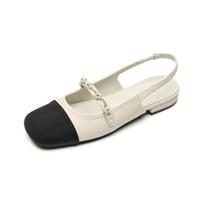 Mary Jane shoes women's summer square head small fragrance splicing color temperament flat bottom bag head sandals thick heel 34 abrikosas