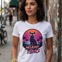 Retro 80s Miami Vibes Cat T-Shirt: Neon Palm Sunset Graphic Tee XL