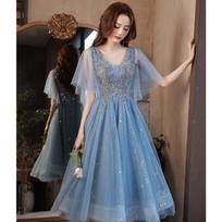 Petite Fairy Temperament Blue Evening Gown with Bat Sleeves - Spring 2026 Bridesmaid Dress in Sweet Style XS povo mėlyna spalva