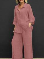Casual suit Spring two-piece long-sleeved top and wide-leg trousers suit S rožinė