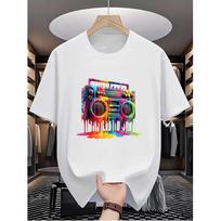 Colorful Dripping Boombox Graphic Tee Retro Street Style Print Cotton T-Shirt for Men S