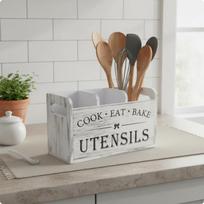 Divided Cutlery Box Distressed Finish Countertop Utensil Holder Vintage Look Wooden White