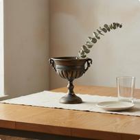 Iron Floral Vase Distressed Finish Vintage Tabletop Display Ornate Pedestal Planter for