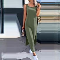 Ladies' Summer Loose Casual Fashionable Solid Color Back Lace Sleeveless Dress XXXL armijos žalia spalva