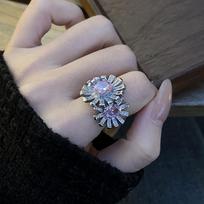 Heavy Industry Zirconium Flower Ring Exquisite Light Luxury Simulation Pink Gem Double Flower Color Treasure Open Ring Female Opening adjustable