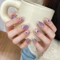 Press on Nail Short Square Fake Nail with Butterfly Cats Eye Designs Glues on Nail Glossy False Nail Artificial Nail 1