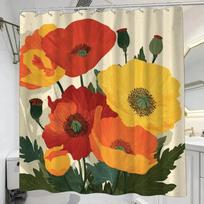 Vintage Poppy Flower Shower Curtain – Illustrated Red & Yellow Poppies, Green Leaves, 12 Hooks, Waterproof Bath Decor W60H190(CM)-1 Pcs