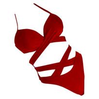 2 vnt./komplektas maudymosi kostiumas vienspalvis su pakietukais kryžiumi surišamas maudymosi kostiumų komplektas SPA S raudona