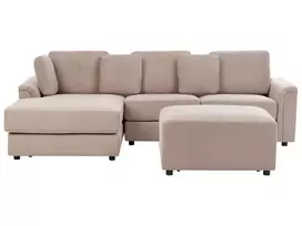 4 vietų kampinė sofa KOHLO smėlio ir pilkos spalvos su pufas dešininė