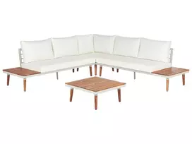 L formos sodo kampinė sofa su staliuku 5 asmenims CORATO, balta, akacijos mediena