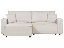 Trivietė kampinė sofa KARILA, šviesiai smėlio spalvos, su miegojimo funkcija ir patalynės dėže, dešininė