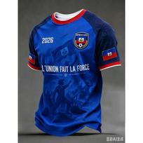 2026 New Haiti Blue Football Jersey Men's Crew Neck Sportswear with  HAITI  Text & Flag Print Casual & Training Tops Tees S