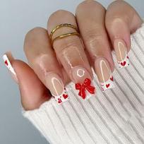 Short Glossy White Heart Press On Nail 24Pcs Valentines French Design With Bows Accents 1