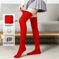 Women'S Solid Bright Red Thigh High Stockings Soft Stretchy Casual Over The Knee Socks For Everyday Wear Outdoor Activities One Size