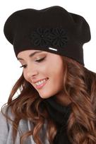 Vivisence Damski Beret z Kwiatową Aplikacją, UNI, Czarny, Elegancki, Ciepły, Wełniany, Model 7007