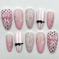 24PCS Y2k Black Bowknot French Press on Nails Gothic Lace Polka Dots Fake Nails Sweet Cool Cat Eye Almond False Nails Detachable