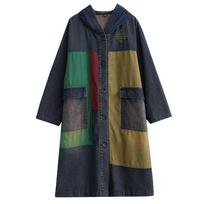 Negabaritinis rudens džinsinis ilgas gobtuvas Trenčinis paltas Modis Print Patchwork Moteriškos Apsauginės nuo vėjo Laisvalaikis Laisvas Moteriškas Tranšėja L