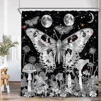 Vintage Butterfly Dragonfly Shower Curtain Flower Skull Mushroom Witch Magic Halloween Bath Decor Retro Polyester Bath Curtain W60H190(CM)-1 Pcs