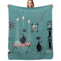 Mid Century Kitty Mischief III studioxtine Throw Blanket Lightweight Warm Blanket for Indoor Outdoor Use Size: 75*100cm, Weight: 230 GSM