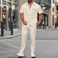 2026 Summer Europe and The United States Men's Casual Solid Color Cardigan Double Pocket Shirt Short Sleeve Pants Suit S