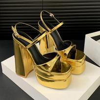 14cm Ultra High Heels Double Platform Wedges Women Sandals Fashion Patent Leather Thick Heeled Gladiator Sandals Summer Shoes 35 auksas