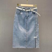 Summer Fashion Bodycon Split Denim Skirt for Women Rhinestone Embellished Slim Fit Mid Length Casual Street Wear Party Skirt L mėlyna
