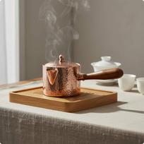 Hammered Copper Teapot Handmade Pure Tea Maker Uncoated Interior Wooden