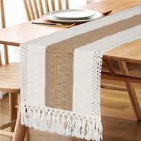 Boho Fall Table Runner Farmhouse Burlap Cotton Table Runner with Tassels Woven Macrame Home Living Room Table Decoration KTY 30*160cm（11.8-63inch） ruda
