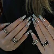 Medium Coffin Press on Nails with Designs Reusable Full Cover Glue on Fake Nails Press ons Artificial False Nails Stick on Nails for Women