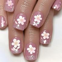 Square Press on Nail French Tips Fake Nail Full Cover False Nail with Flower Design Glitters Artificial Acrylic Nail 1