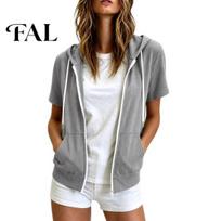 Summer Zip-Up Hoodie Women Short Sleeve Hoodie, Casual Drawstring Sweatshirt Soft for Summer, Lightweight Hooded Coat with Pockets Comfortable Top XL pilka
