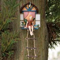 Window Ladder Resin Statue Figurine Fairy House Tree Hanging Sculpture Outdoor Ornament for Home Garden Supplies Yard Art Decor 1 pcs