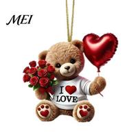 Acrylic Rose Decoration Teddy Bear Hanging Ornament, Holding Heart Balloon Red Bouquet Decoration, Ornament Car Rearview Mirror 2D Flat Pendant A