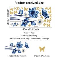 Blue Flower Wall Stickers 3D Golden Butterfly Home Decor PVC Waterproof Removable DIY Mural for Bedroom Walls mėlyna