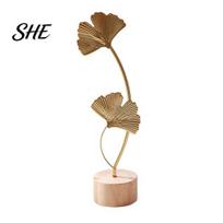 Leaf Statue Home Decor Metal Ornaments, Gold Palm Leaf, Ginkgo Feather with Wood Ornament for Living Room Base, Modern Desktop Sculpture Room, A