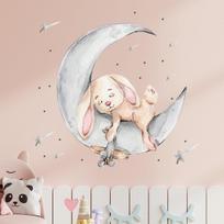 Animacinis triušis miega ant mėnulio ir žvaigždžių sienų lipdukai, skirti vaikų kambariui, kūdikių kambario apdailai, sienų lipdukai kambario interjeras white