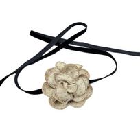 Crystal Rhinestone Flower Choker Necklace Wide Rope Chain Vintage Camellia Flower Lace-up Necklaces for Women Girls 1 chaki