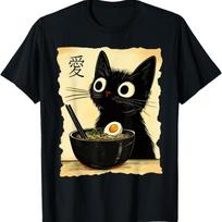 Juokingas katės ramen grafinis marškinėlis Japoniškas Kawaii anime katės marškinėlis S juoda