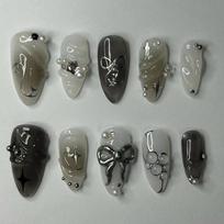 Spicy Girl Black Gradient 3D Press-On Nails with Butterfly Bow and Silver Star Glam. JP3399 [Glue Version]
