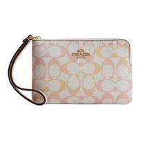 Coach Corner Zip 16 Classic Monogram Coated Canvas Faux Leather Clutch Small Women clutch Beige CEF73-IMM8C Basic Set (Bag+Dust Bag)