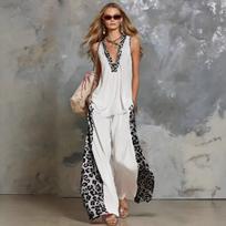 Women Sleeveless Top and Wide Leg Pants Set with Pink Leopard Print Trim XS juoda