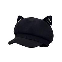 Y2K British Beret Hat Solid Color Octagonal Cap Casual Cat Ear Hat  Women juoda