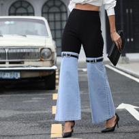 Spring Women Fashion Slim Denim Spliced Wide Leg Casual Pants Loose Comfortable Streetwear High Waist Jean Bottoms Daily Outfit For Ladies S mėlyna
