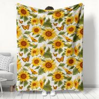 Sunflower & Butterfly Flannel Blanket, Vibrant Floral Pattern Throw, Soft Cozy for Boho Home Decor, Warm Sofa Couch Gift 75x90cm