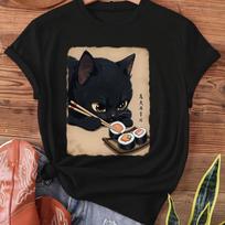 Cute Kawaii Cat Sushi Graphic Tee Japanese Anime Food T-Shirt For Women S