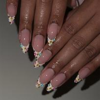 Press On Nail 24Pcs With Glitters French Tips And Colorful Rhinestones Almond Nail Art Medium Stick On Nail For Women 1