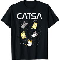 Catsa Astronaut Cats Graphic Tee Funny Space Lover Print Round Neck T-Shirt S